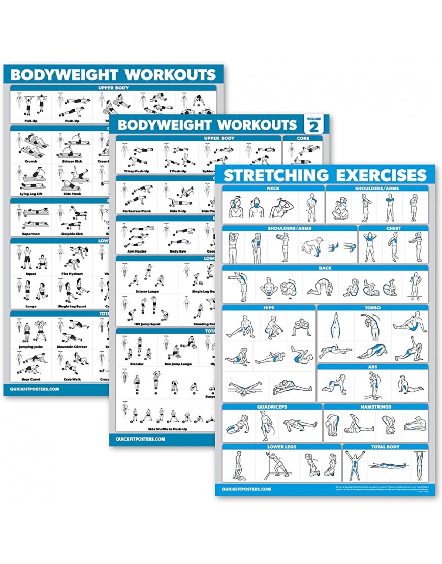 3er-Pack: Bodyweight Workout Poster Volume 1 & 2 + Stretching Exercises Poster Set – Set mit 3 Workout Charts laminiert 45,7 x 61 cm - BHDCO49V