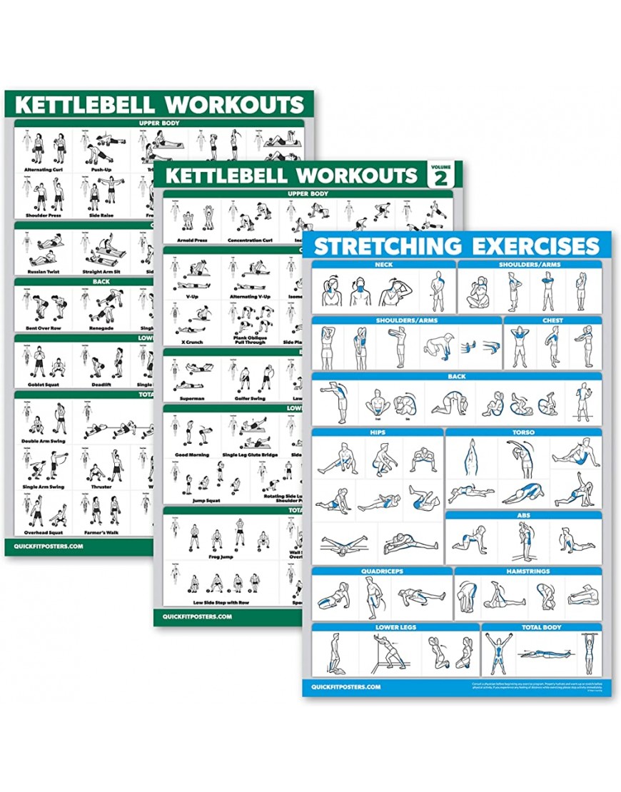 3er-Pack: Kettlebell Workouts Volume 1 & 2 + Stretching Exercises Poster Set – Set mit 3 Trainingstabellen laminiert 45,7 x 61 cm - BNNUO1NM