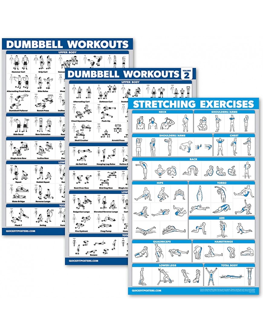 3er-Pack: Kurzhantel-Workout-Poster Volume 1 & 2 + Dehnübungen – Set mit 3 Trainingstabellen laminiert 45,7 x 61 cm - BAMOB63A