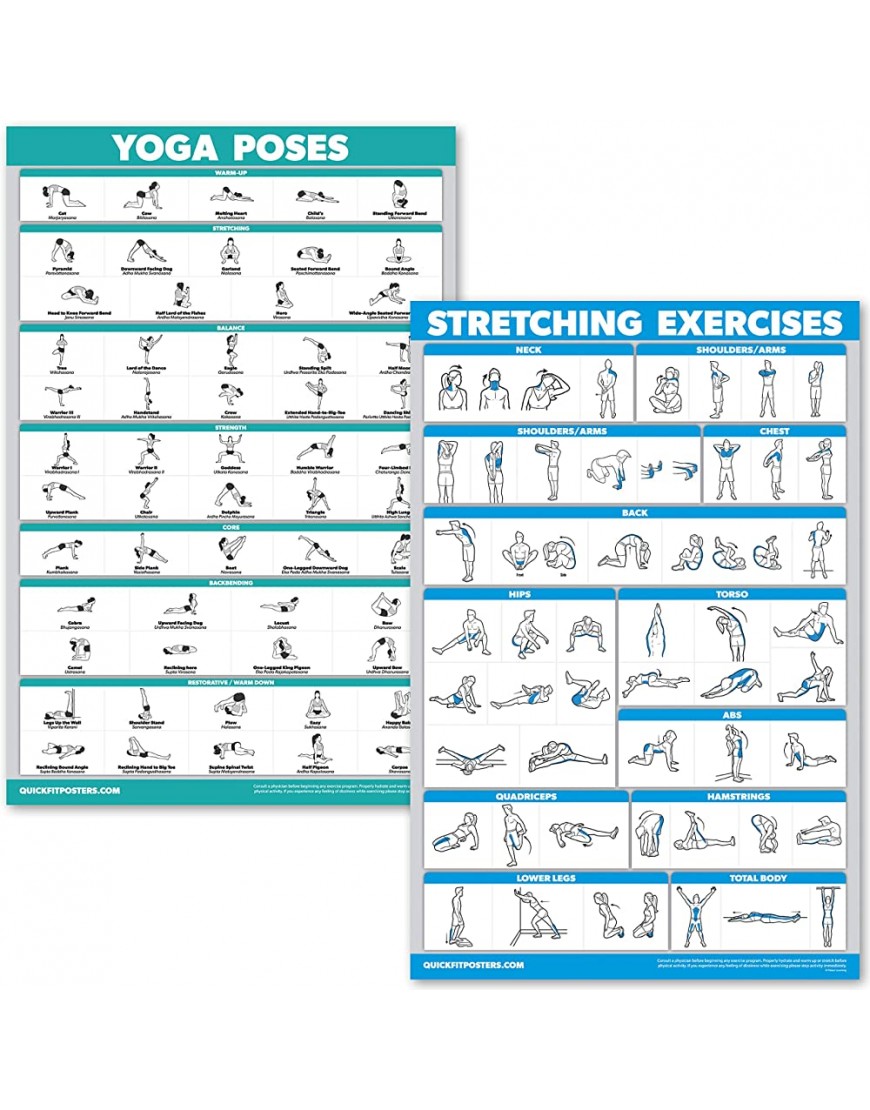 QuickFit Yoga-Posen und Dehnungs-Übungsposter-Set – laminiertes 2-teiliges Diagramm-Set – Yoga-Positionen & Stretching-Workouts - BXPKH39N