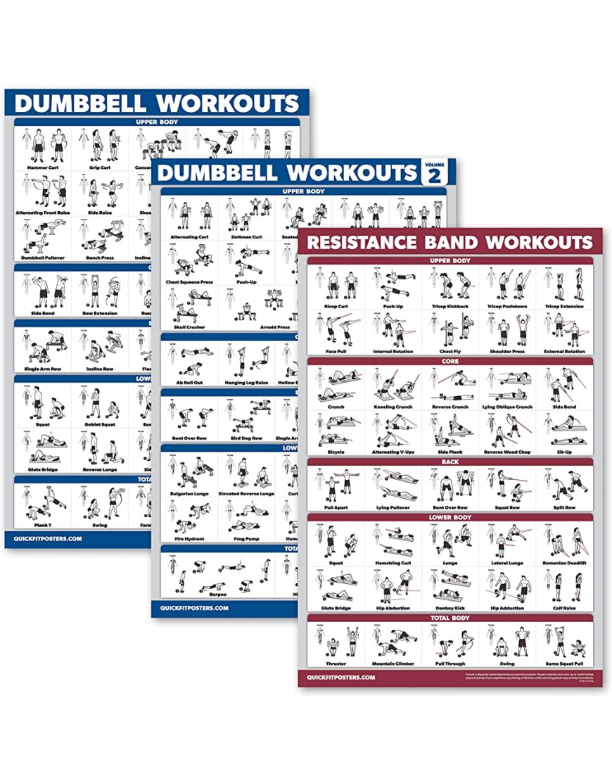 3er-Pack: Hantel-Workout-Poster Volume 1 & 2 + Widerstandsbänder Übungen – Set mit 3 Trainingstabellen laminiert 45,7 x 68,6 cm - BCLCS56V