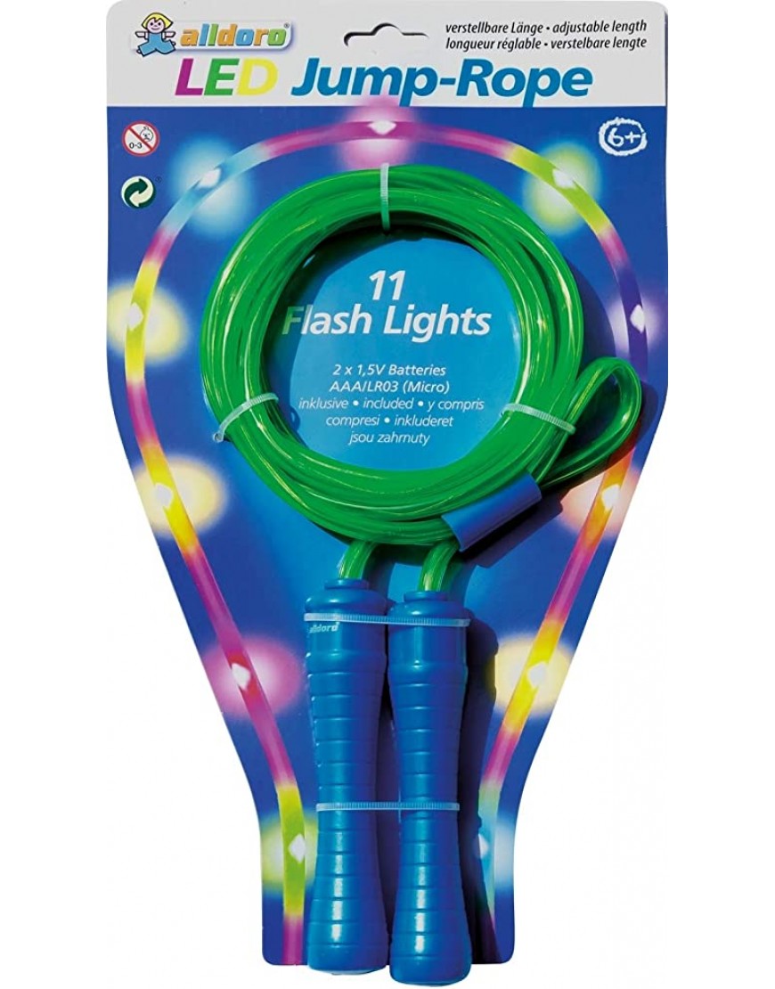 alldoro 60345 LED Springseil Hüpfseil mit 11 LEDs Kinderspringseil mit Licht Sportspielzeug für Garten Fitness Bewegung und Outdoor für Kinder ab 6 Jahre & Erwachsene grün rot sortiert - BKDHL5MK