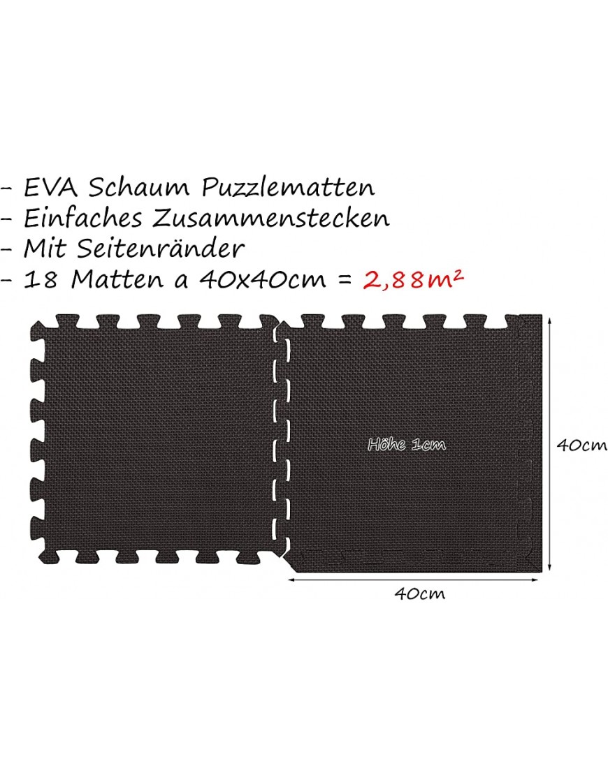 BigDean 18er Pack Eva Puzzlematten a 40 x 40 x 1 cm Unterlegmatte Spielmatte Lärmschutzmatte Bodenschutz Matte + Seitenränder schwarz - BNGSHQ87