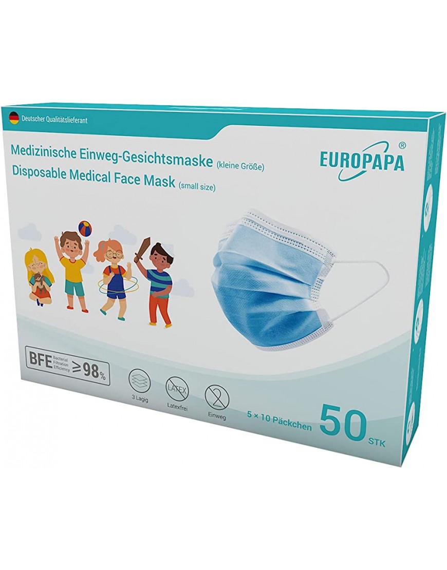 EUROPAPA® 50x Medizinisch Mini OP Masken Model S in kleiner Größe Type IIR EN14683 Tüv CE zertifizierte Mundschutzmasken 3-lagig Mundschutz Gesichtsmaske Einwegmaske - BJOYAAE9