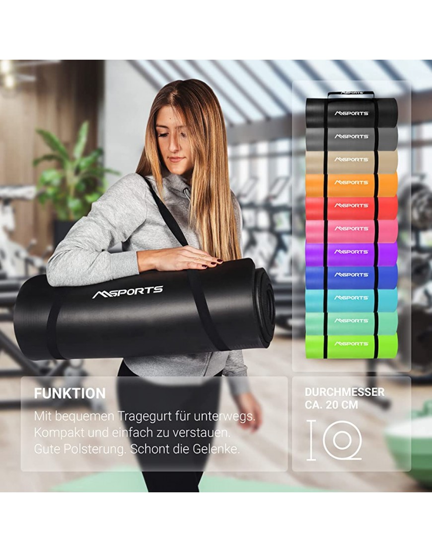 MSPORTS Gymnastikmatte | Yogamatte Premium rutschfest inkl. Tragegurt + Übungsposter + Workout App I Hautfreundliche Phthalatfreie Fitnessmatte 190 x 60 80 oder 100 x 1,5 cm versch. Farben - BYXDKM8H
