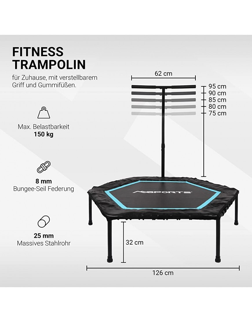 MSPORTS Fitness Trampolin Premium mit Haltestange für Indoor und Outdoor | mit Höhenverstellung 150 kg Belastbarkeit | Fitnessstudio oder zu Hause - BTJLNA17