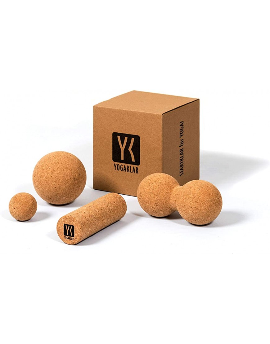 YOGAKLAR Faszien-Set aus Naturkork bestehend aus 1 kleinen Ball 1 großen Ball 1 kleine Rolle 1 Peanut-Doppelkugel für eine Intensive Eigenmassage – 4 nachhaltige & umweltschonende Faszienprodukte - B083RDMG93