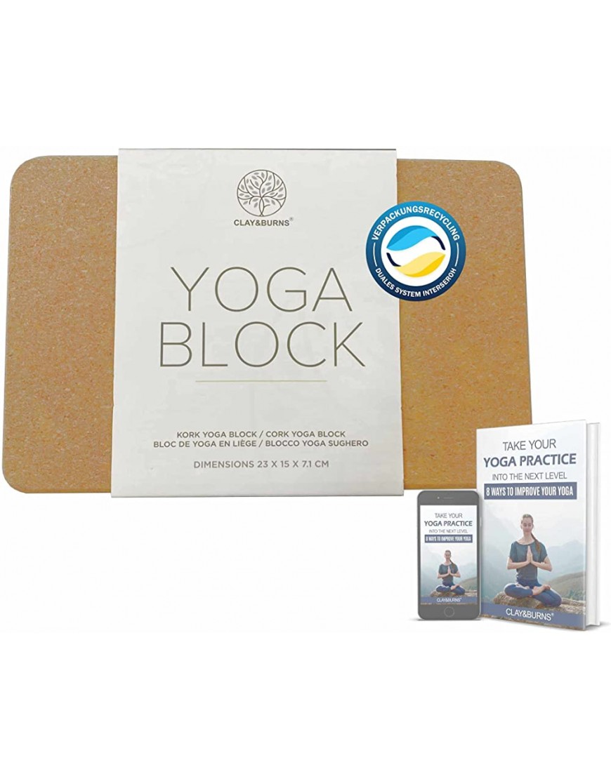 CLAY&BURNS® Yogablock aus Natur Kork | Yoga Block Kork | Yogaklotz | 100% Naturkork | Korkblock für Yoga Pilates und Fitness | Hatha Korkklotz - BUUFR7Q8