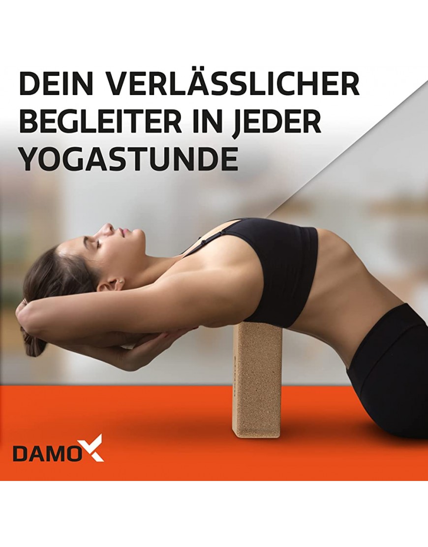 DAMOX | Yoga Block Kork – Yogaklotz aus Naturkork – Korkblock [22,5x15x7,5 cm] für Yoga und Pilates mit Yoga Gurt [183 cm] – Dermatologisch getestet - BIIWKD4A