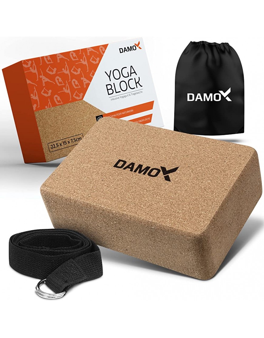 DAMOX | Yoga Block Kork – Yogaklotz aus Naturkork – Korkblock [22,5x15x7,5 cm] für Yoga und Pilates mit Yoga Gurt [183 cm] – Dermatologisch getestet - BIIWKD4A