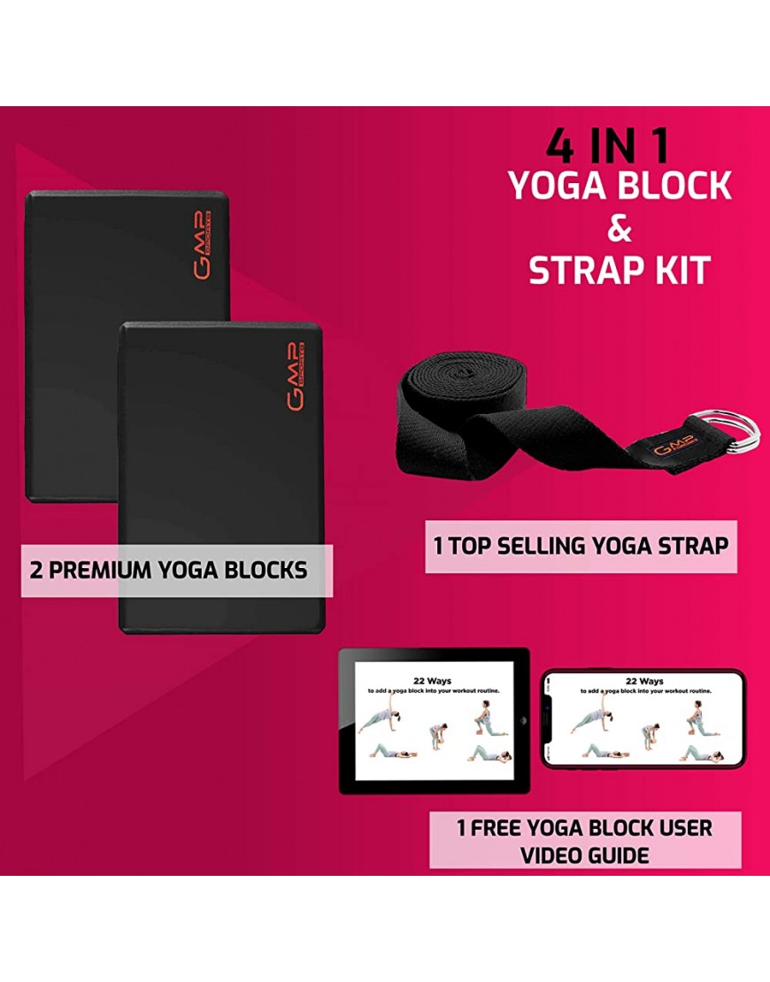 GMP SPORTS Yoga Block 2er Set mit Yogagurt und Videoanleitung für Krafthilfe Gleichgewicht Flexibilität Stabilität und Pilates Praxis der perfekte Yoga und Pilates Block Yogablöcke - BOFPOEKD