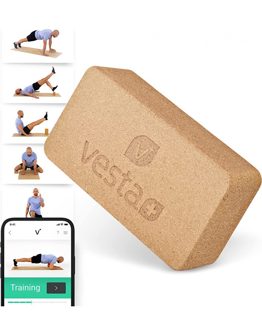 Vesta+ Yogablock Kork + Fitness APP Yoga Klotz aus ökologischem Naturkork Dein Rutschfester & nachhaltiger Yoga Block Kork Der Fitness Block für das Plus in Deinem Workout. - BSAOLKMK