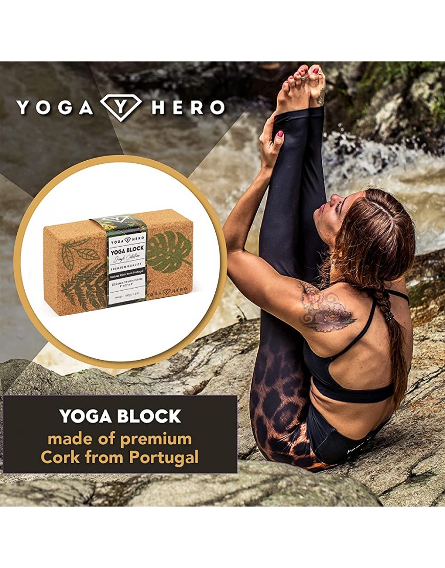 Yoga Hero Yogablock Kork 1er Pack & 2er Set mit Massage Ball Premiumqualität Kork aus Portugal Stabil und Rutschfest Korkblock für Yoga und Pilates - BEHLOE74