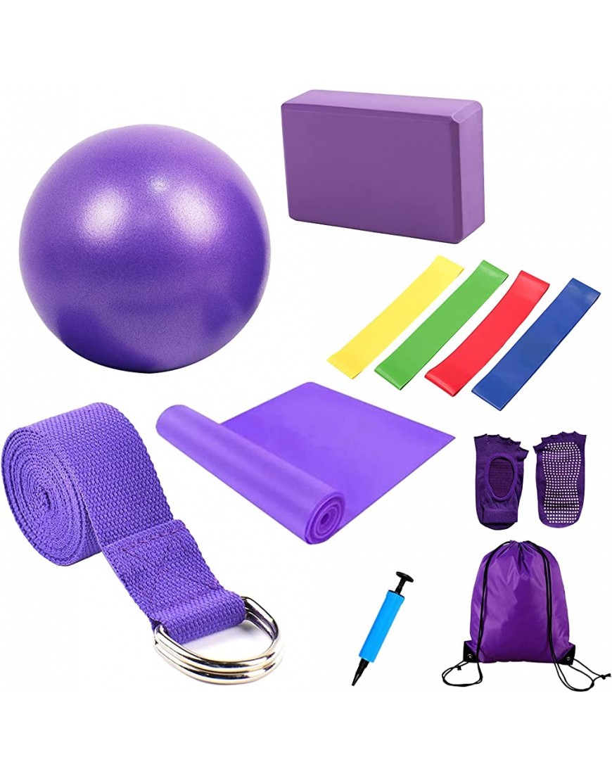 LHKK 11-teiliges Yoga-Anfänger-Ausrüstungsset mit Yoga-Ball Yoga-Block Yoga-Stretching-Band Widerstandsschleifenband D-Ring-Schnallen-Yoga-Gurt und zahnlosen rutschfesten Griffsocken Purple - BTWUQ59V
