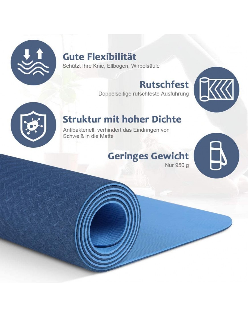 Glymnis Yogamatte Gymnastikmatte aus TPE rutschfest Übungsmatte Fitnessmatte für Yoga Pilates Fitness mit Tragegurt und Reinigungstuch 183 cm x 61 cm x 0,6 cm - BBQES43N