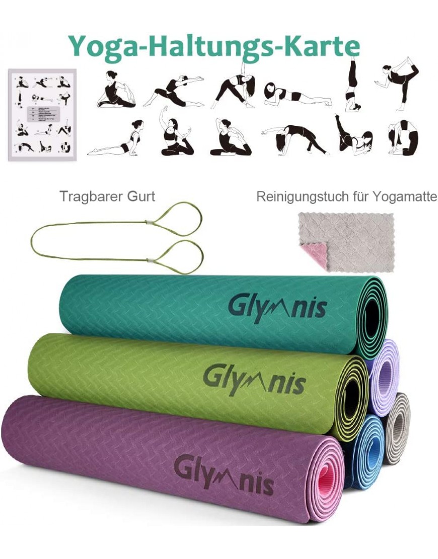 Glymnis Yogamatte Gymnastikmatte aus TPE rutschfest Übungsmatte Fitnessmatte für Yoga Pilates Fitness mit Tragegurt und Reinigungstuch 183 cm x 61 cm x 0,6 cm - BBQES43N