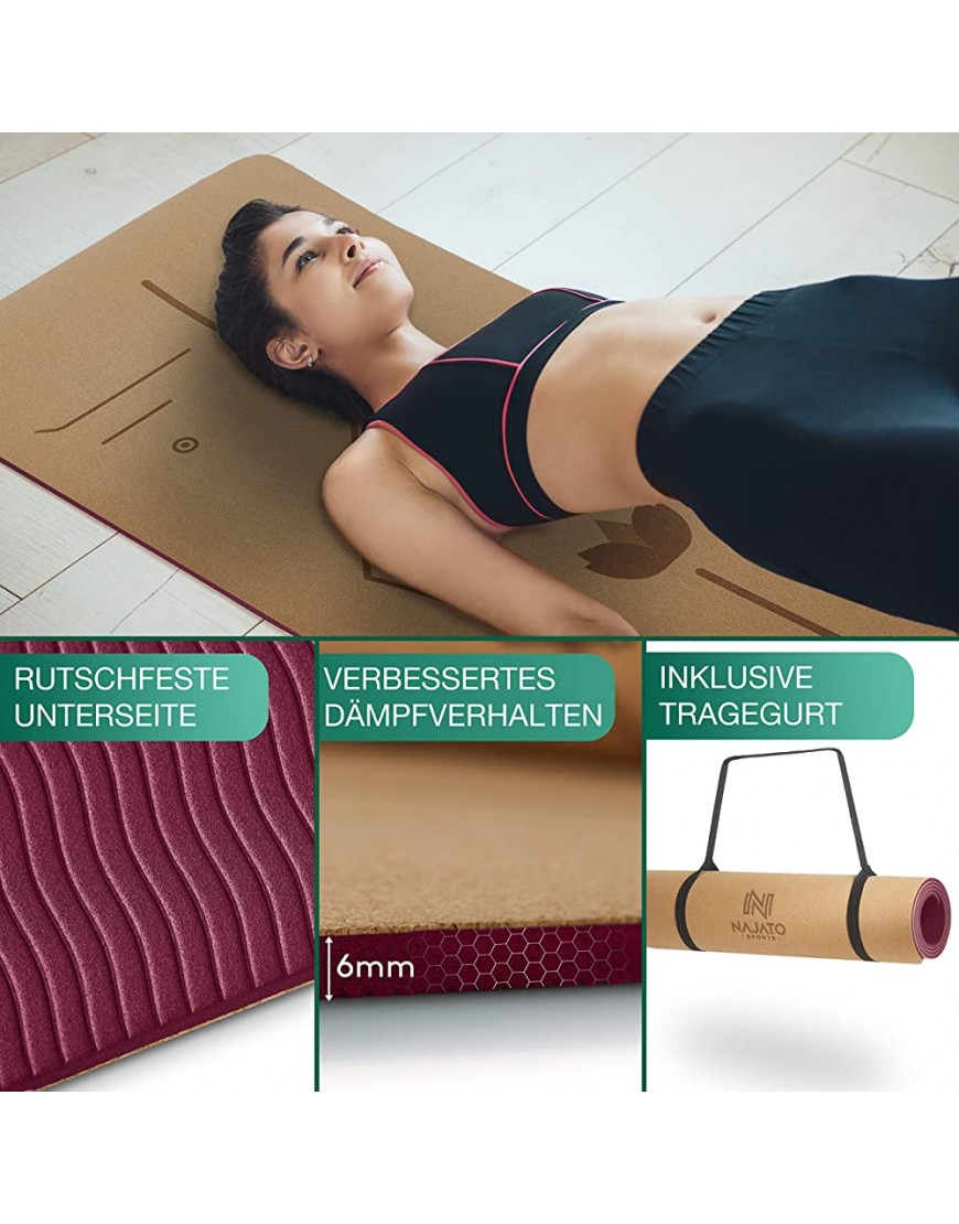 NAJATO Sports Yogamatte Kork – rutschfeste Kork Yogamatte mit Yoga Gurt Tragegurt & E-Book – Yogamatte aus Kork 183 x 65 x 0,6 cm – Nachhaltige Yoga Matte Kork - BHIKM834