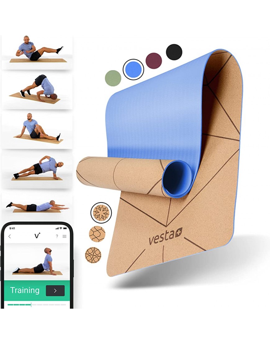 Vesta+ Yogamatte Kork TPE + Fitness App Die nachhaltige Kork Yogamatte für das Plus Deinem Workout Der Testsieger unter Korkmatten Yoga als Yoga Matte Kork Sportmatte Kork und Fitnessmatte Kork - BBHZWJAW