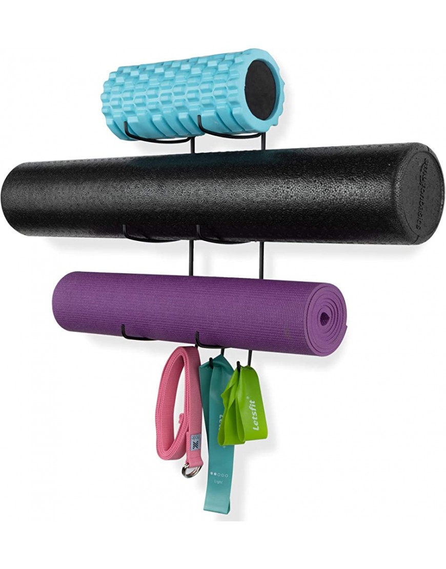 Wallniture Guru Wandhalterung Yogamatte Heim Gym Ausrüstung Widerstandsbänder und Schaumstoffrollenhalter mit 3 Haken 3 Metallschnitt Schwarz - BWUJN17V
