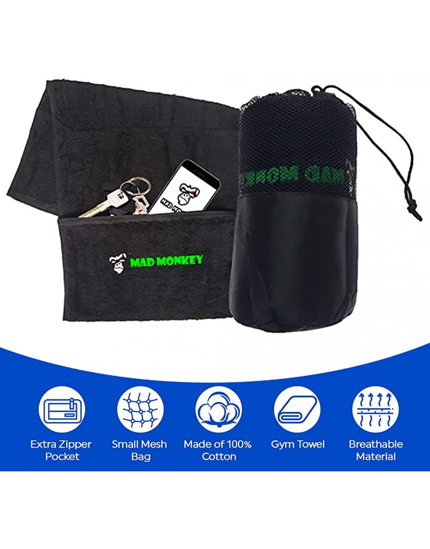 Mad Monkey Sport-Handtuch – Gym Towel mit extra Reißverschluss-Tasche und Netz-Beutel – Fitness-Handtuch aus 100% Baumwolle - BVHAYM5N