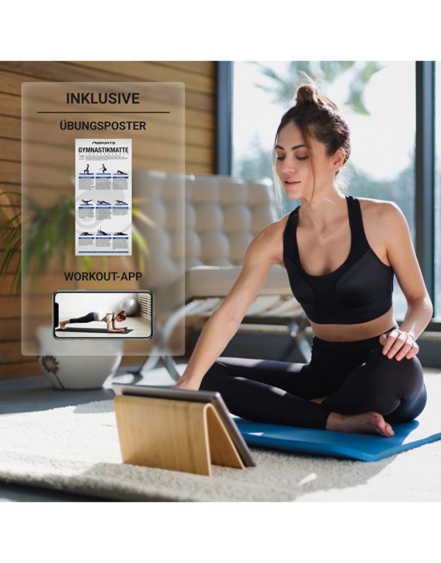 MSPORTS Gymnastikmatte | Yogamatte Premium rutschfest inkl. Tragegurt + Übungsposter + Workout App I Hautfreundliche Phthalatfreie Fitnessmatte 190 x 60 80 oder 100 x 1,5 cm versch. Farben -