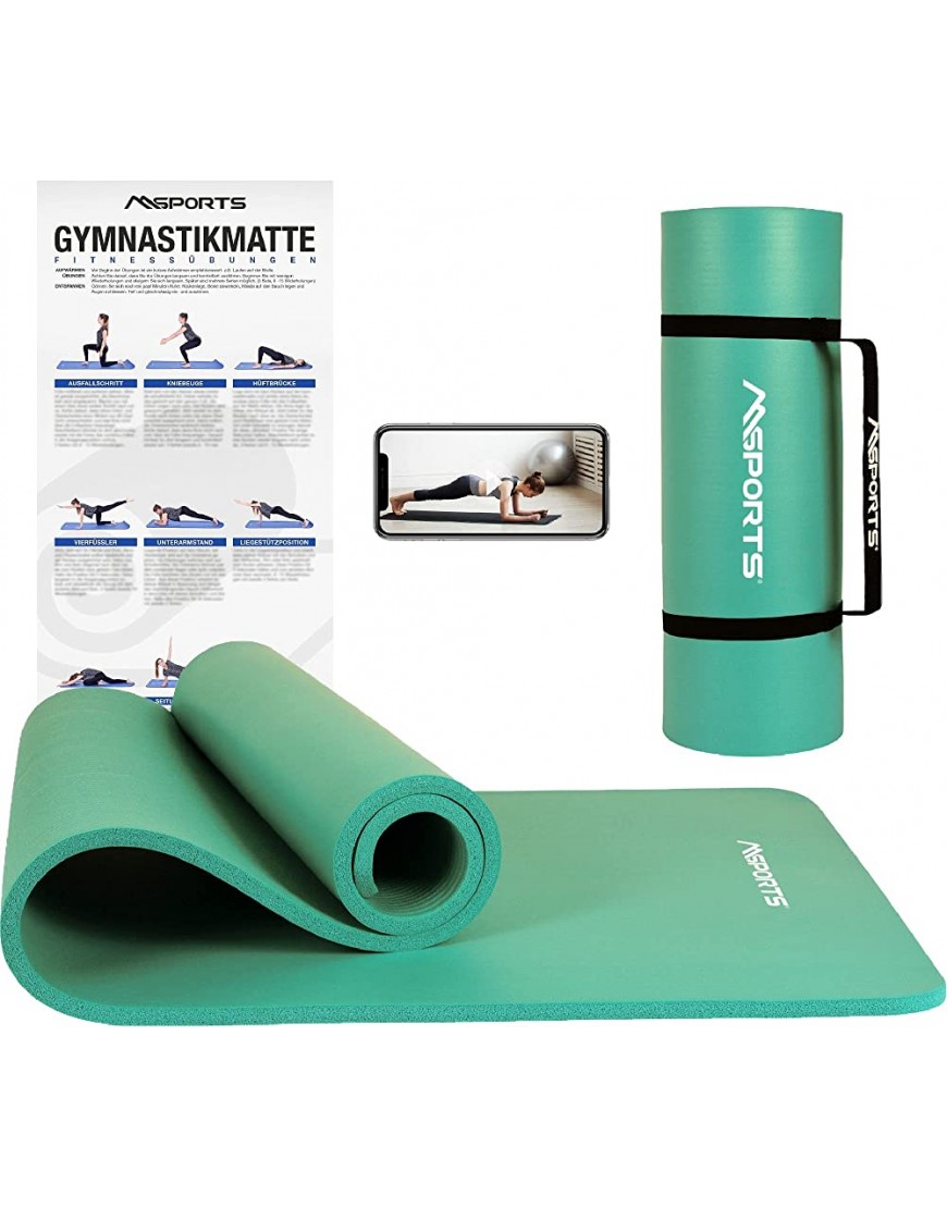 MSPORTS Gymnastikmatte | Yogamatte Premium rutschfest inkl. Tragegurt + Übungsposter + Workout App I Hautfreundliche Phthalatfreie Fitnessmatte 190 x 60 80 oder 100 x 1,5 cm versch. Farben -