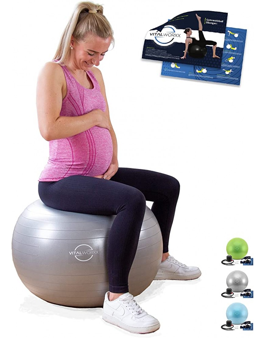 VITALWORXX Gymnastikball für Schwangere extrem stabil Sitzball Yogaball Pezziball 65 cm mit Pumpe mit Übungen für Schwangerschaft Geburt Gesundheit Yoga Fitness Büro Arbeit Erholung Pilates - B09M4BYHFG