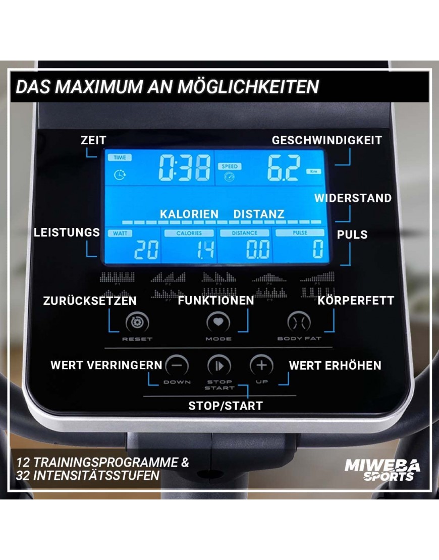 Miweba Sports Crosstrainer MC400 Stepper Ellipsentrainer Heimtrainer App kompatibel 27 Kg Schwungmasse Bluetooth Magnetbremse Pulsmesser Fitness Fahrrad Hometrainer - BOMWZ819