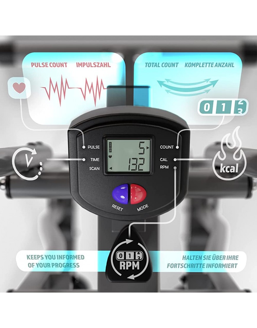 Physionics® Crosstrainer mit LCD Display für Zuhause mit Herzschlag Sensor und Bauchunterstützung 90 cm Schrittlänge Heimtrainer Stepper Cardio-Trainer Nordic-Walker - BJOXG3JN