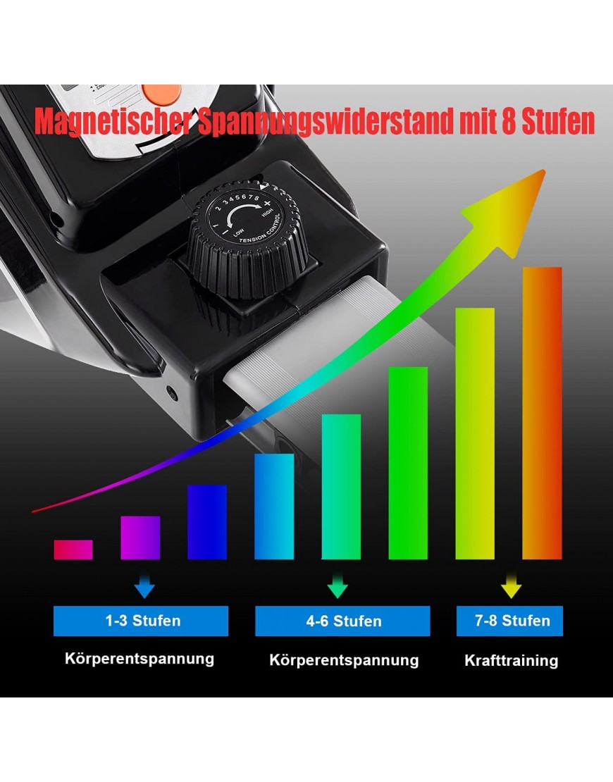 GOPLUS Magnetisches Rudergerät Klappbare Rudermaschine Heimsportgerät mit 8 Widerstandsstufen Multifunktionsdisplay LCD-Monitor bis 100 kg für Zuhause Fitnessstudio Schwarz - BLEKT796