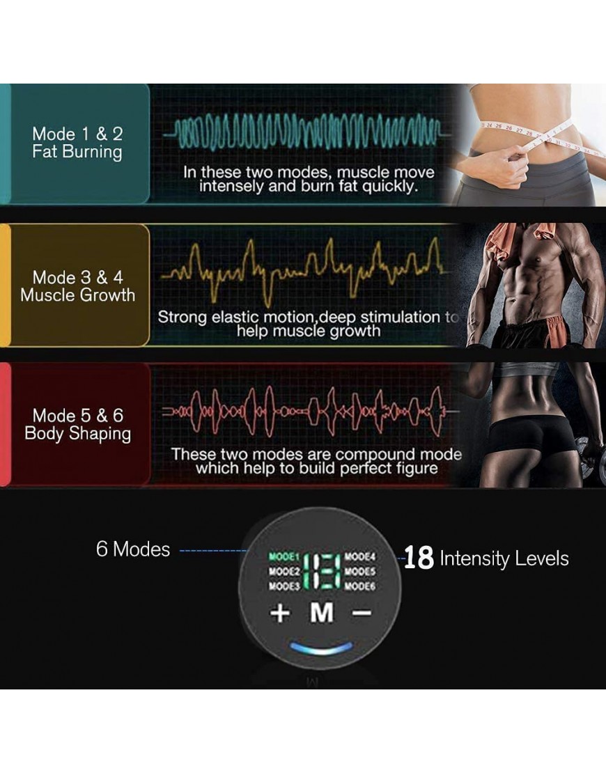 Yonars EMS Muskelstimulator Bauchmuskeltrainer Trainingsgerät EMS Trainingsgerät Tragbarer Muskelstimulator 6 Modi & 18 Intensitäten USB-Wiederaufladbarer - BICHM76B